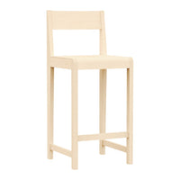 Natural wood bar stool with a minimalist design, featuring a light beige color and smooth, matte finish.