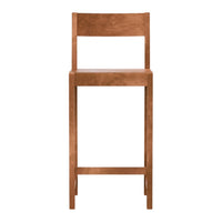 Solid wood bar stool in warm, natural brown finish with a minimalist design and clean lines.