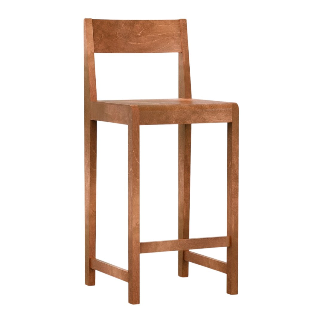 Solid wood bar stool in warm, natural brown finish with a simple, modern design and clean lines.