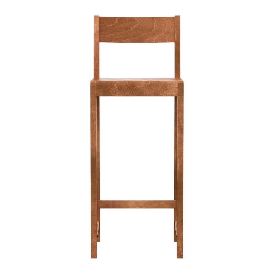 Wooden bar stool in warm amber tones with a smooth, minimalist design. Perfect for modern spaces.