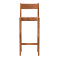 Wooden bar stool in warm amber tones with a smooth, minimalist design. Perfect for modern spaces.
