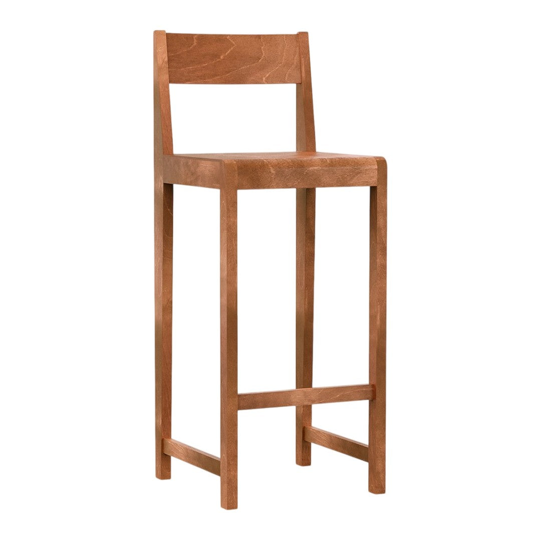 Natural wood bar stool in warm brown tones with a simple, solid design and no visible patterns.