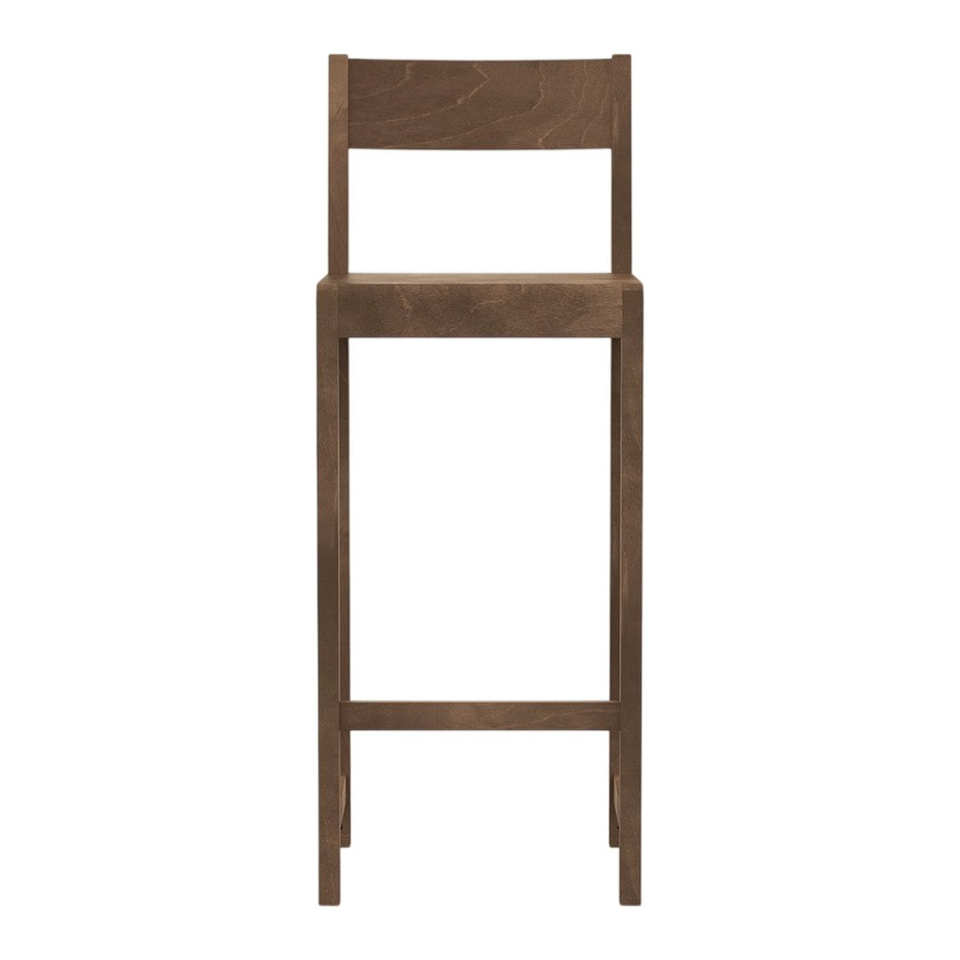 Brown wooden high chair with a simple, minimalist design and sleek, straight lines. Ideal for modern decor.