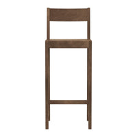 Brown wooden high chair with a simple, minimalist design and sleek, straight lines. Ideal for modern decor.