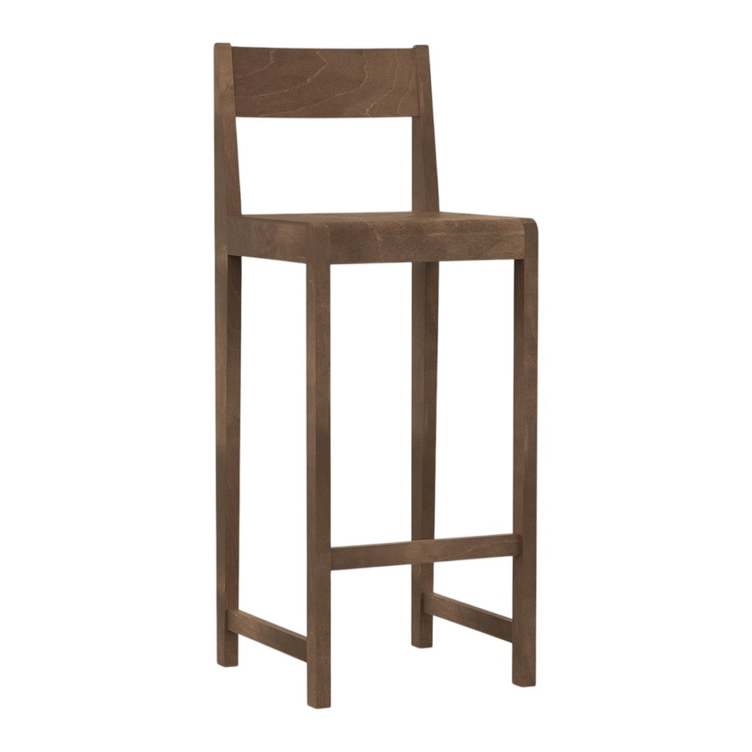 Wooden bar stool in rich brown finish with a minimalist design and no patterns. Ideal for modern interiors.