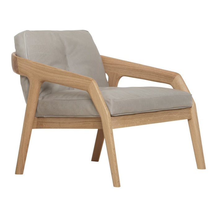 Light gray cushioned chair with natural wood frame, featuring clean lines and minimalist design. Ideal for modern decor.