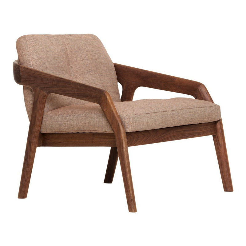 Brown fabric armchair with a textured surface and light wood frame, featuring clean lines and minimalist design.