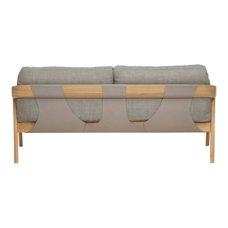 Light gray upholstery with patterned beige accents on a wooden frame, creating a modern, stylish look.