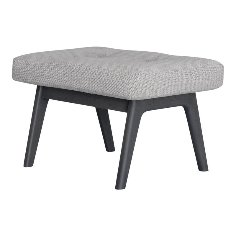 Gray upholstered ottoman with a textured pattern and dark wood legs. Perfect for modern living spaces.
