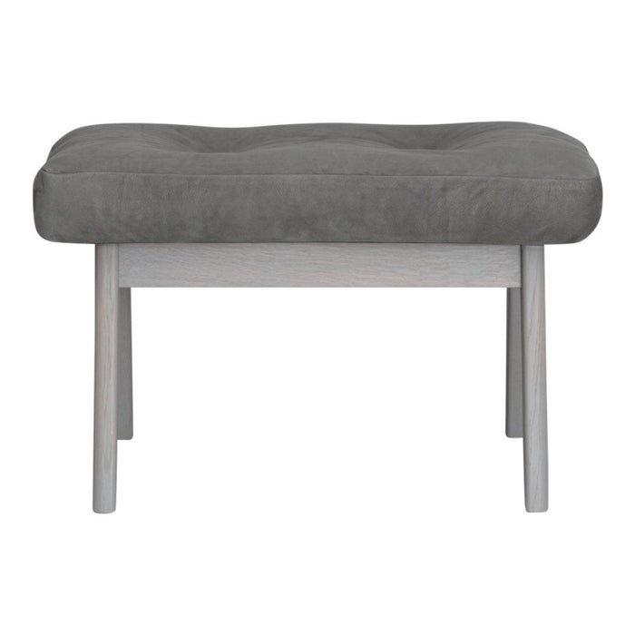 Gray cushioned stool with a smooth, minimalist design and light wood legs, perfect for modern interiors.