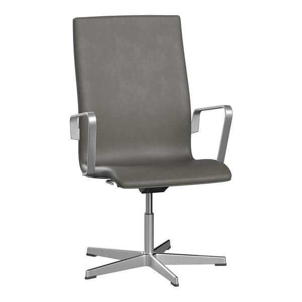Gray leather office chair with a sleek design and silver metal accents, featuring a minimalist style.
