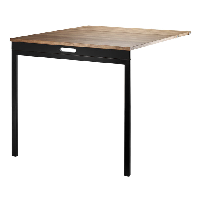 Wooden tabletop in rich brown with sleek black metal legs, featuring a minimalist design and clean lines.