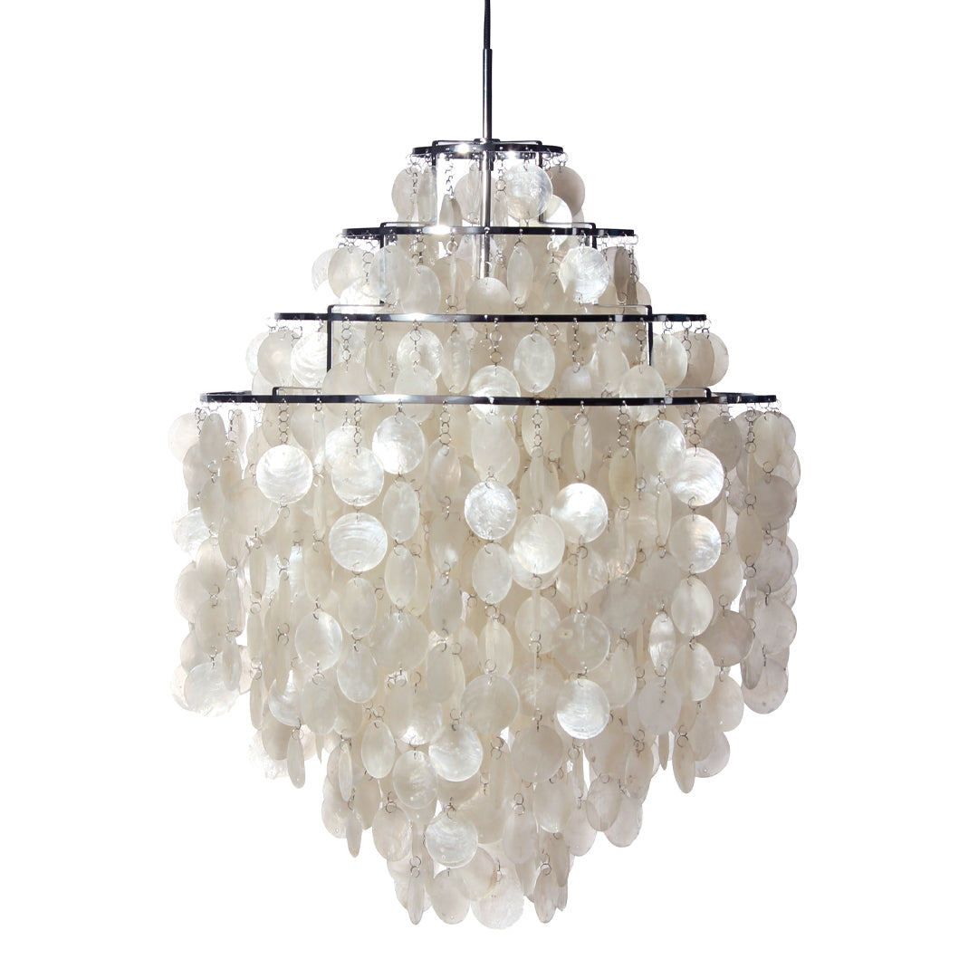 Elegant white chandelier with circular shell patterns, creating a shimmering, textured look. Perfect for any decor.