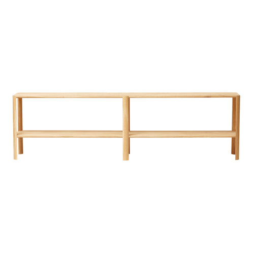 Light natural wood console table with a simple, sleek design and open shelving. Ideal for modern decor.