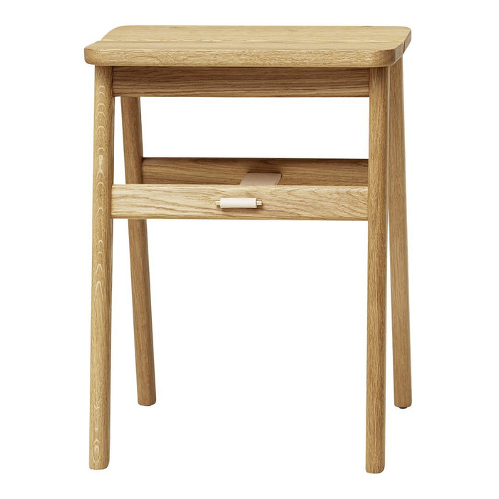 Natural oak nightstand with a simple design, featuring smooth finishes and a functional lower shelf.