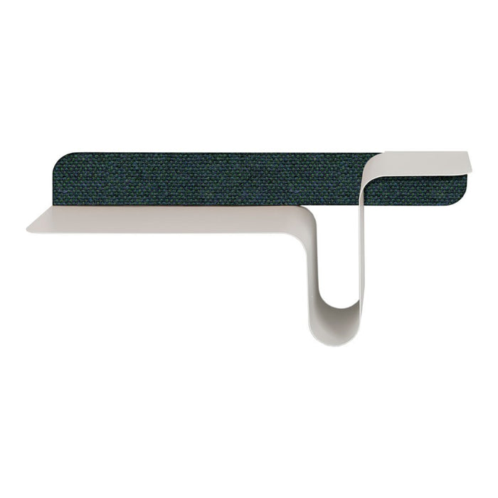 Wave-shaped shelf with a dark blue textured fabric pattern and a sleek white finish. Modern and stylish decor accent.