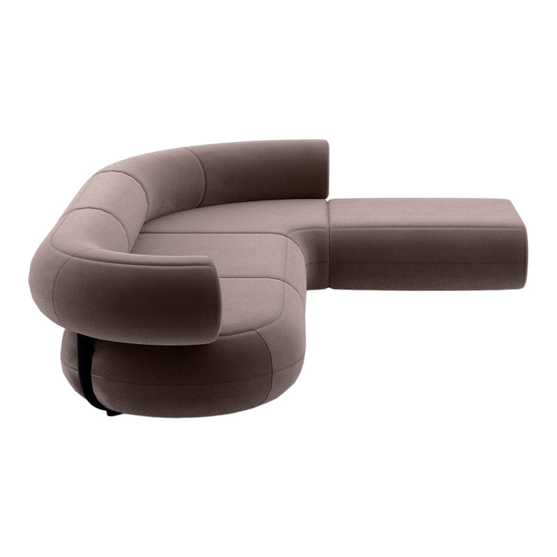 Curved sectional sofa in a soft taupe color with a smooth, minimalist design. Perfect for modern interiors.