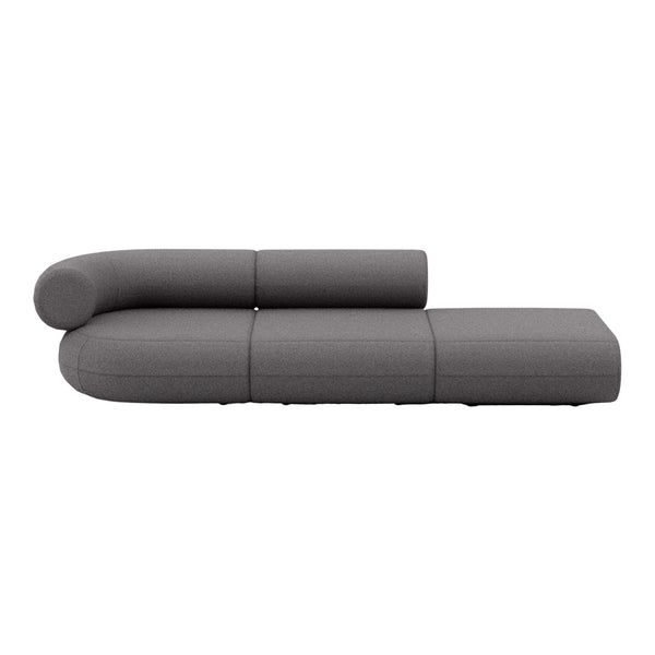 Curved gray sectional sofa with a minimalist design and soft fabric texture. Perfect for modern living spaces.
