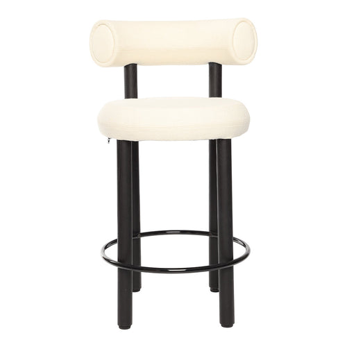 Cream-colored upholstered bar stool with black legs and circular footrest. Simple, modern design with a minimalist aesthetic.