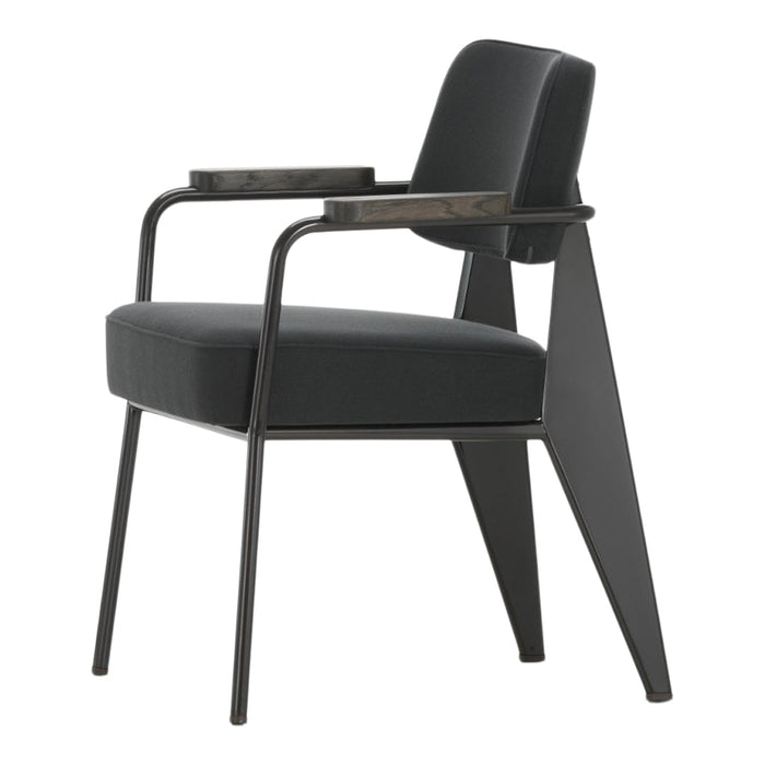 Black armchair with a sleek design, featuring a matte finish and wood accents on armrests.