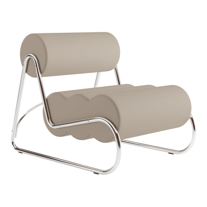 Beige modern lounge chair with tubular cushions and sleek chrome legs, featuring a minimalist, contemporary design.