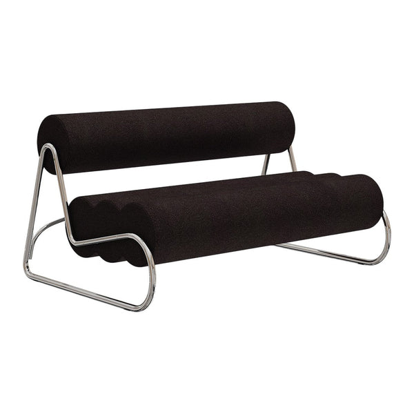 Stylish black upholstered sofa with sleek chrome frame, featuring a modern, curvy design. Perfect for contemporary decor.
