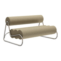 Modern beige sofa with rounded cushions and sleek chrome legs, featuring a unique wave pattern on the seating.