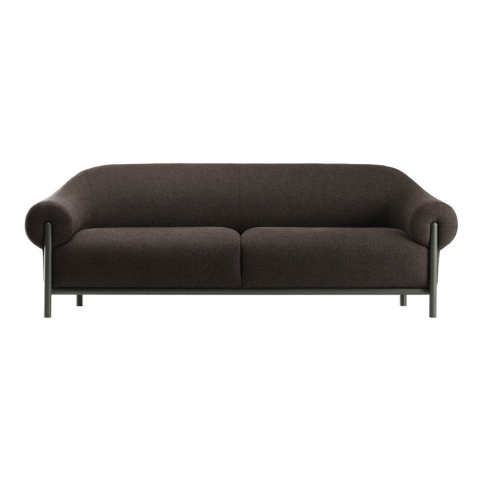 Dark brown fabric sofa with rounded edges and sleek black legs, showcasing a modern, minimalistic design.