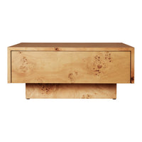 Natural wood coffee table with a glossy finish featuring light golden tones and unique burl patterns.