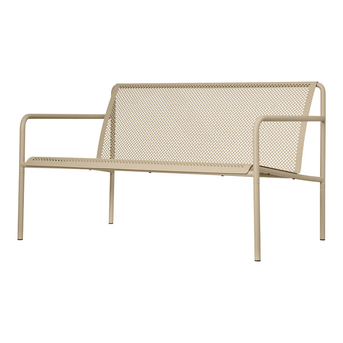 Light beige metal bench with a modern perforated pattern, perfect for outdoor or indoor use.