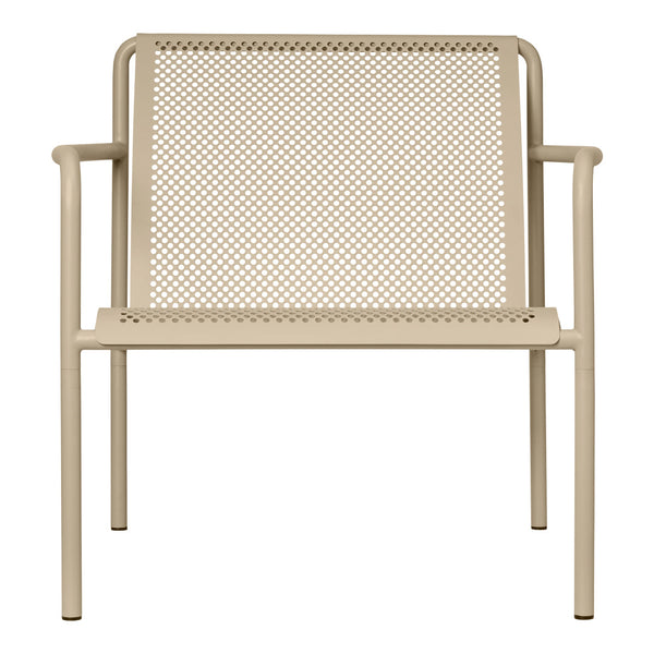 Beige perforated metal chair with a sleek, minimalist design. Perfect for modern decor.