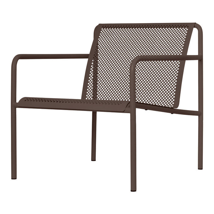 Brown metal chair with a modern perforated design and minimalist structure. Perfect for outdoor or indoor settings.