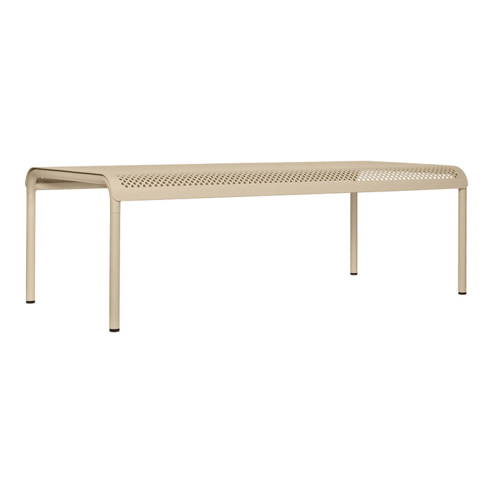 Beige metal bench with a sleek perforated pattern and black feet for a modern, minimalist look.