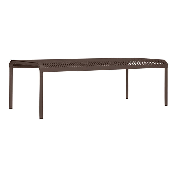 Brown metal bench with a sleek design and perforated detailing, perfect for modern outdoor spaces.