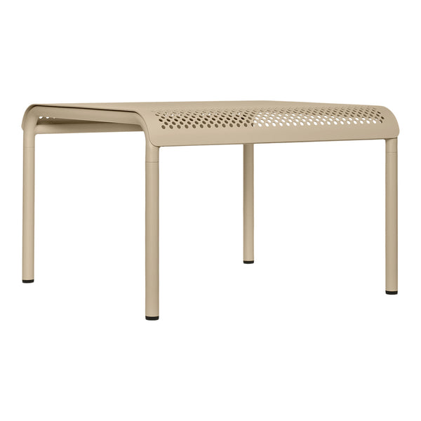 Beige metal table with a perforated top design, featuring sleek legs and a modern aesthetic. Perfect for outdoor use.