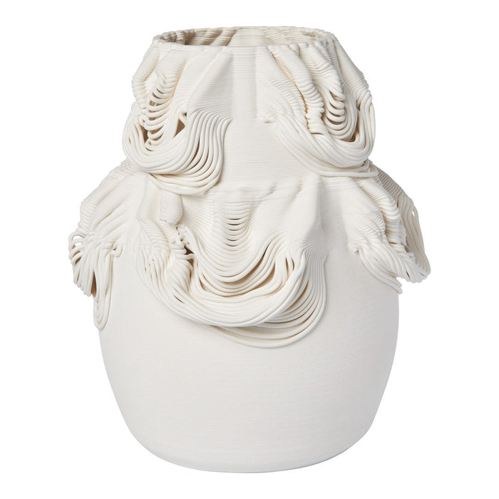 Elegant white vase featuring textured, wavy patterns for a modern, artistic touch in home decor.