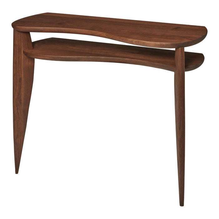 Wooden console table in deep walnut finish with smooth, curved edges and tapered legs. Perfect for modern decor.