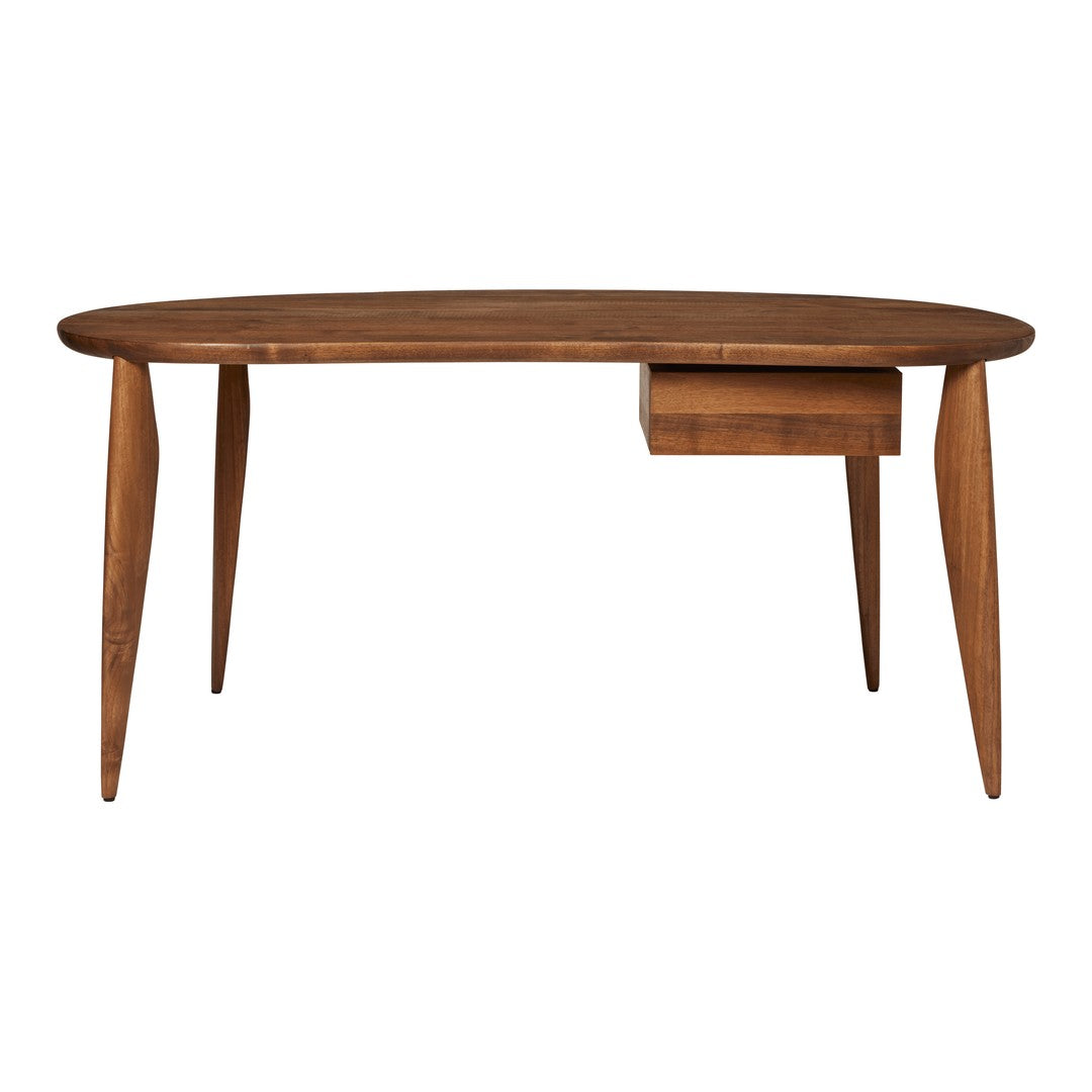 Mid-century modern wooden desk in warm brown tones with smooth, rounded edges and sleek tapered legs.