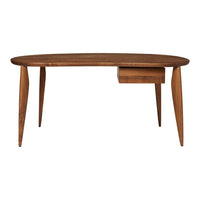 Mid-century modern wooden desk in warm brown tones with smooth, rounded edges and sleek tapered legs.