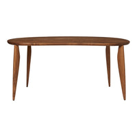 Brown wood oval dining table with tapered legs and a smooth finish, perfect for modern interiors.