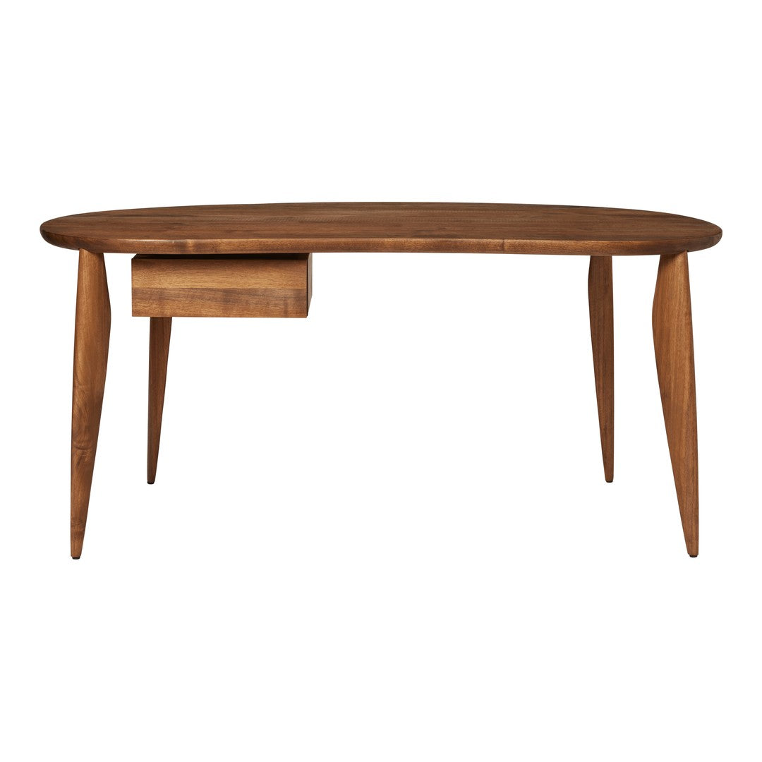 Mid-century modern desk in rich walnut brown with a sleek, oval top and minimalist drawer design.