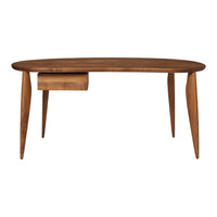 Mid-century modern desk in rich walnut brown with a sleek, oval top and minimalist drawer design.