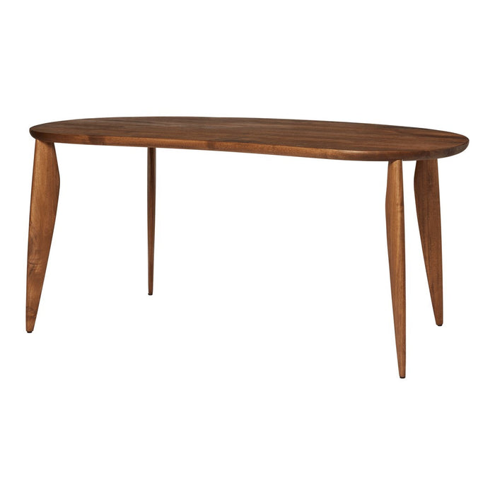 Oval wood dining table in rich walnut finish with sleek tapered legs, showcasing natural grain patterns.
