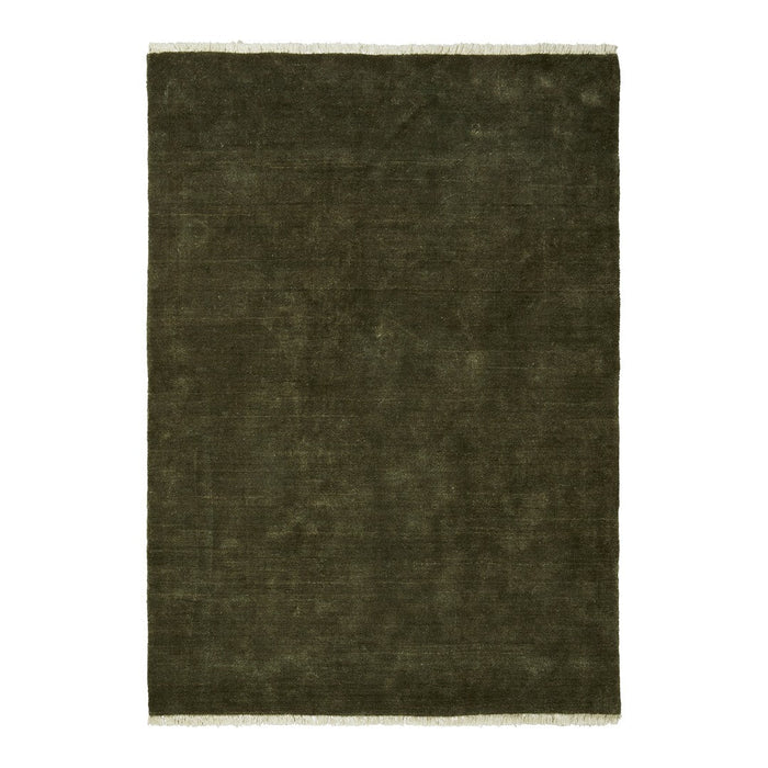 Olive green rug with a subtle texture and fringe detailing. Perfect for adding warmth to any space.