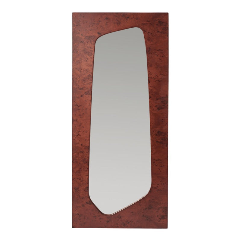 Rustic deep red frame with a sleek, asymmetrical mirror design, perfect for modern decor.