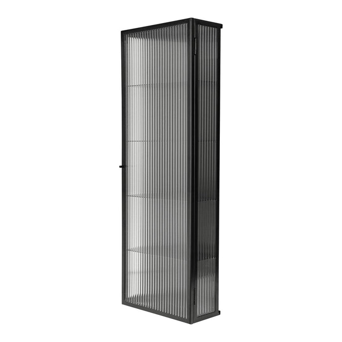 Black-framed display cabinet with clear, vertical ribbed glass for elegant storage and visibility.