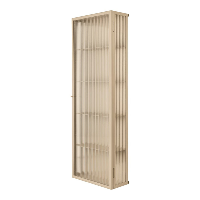 Beige tall cabinet with vertical ribbed patterns, showcasing a sleek and modern design. Ideal for stylish storage solutions.