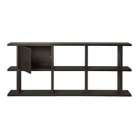 Sleek dark wood shelving unit with open and closed storage. Modern design with minimalist lines and rich color.