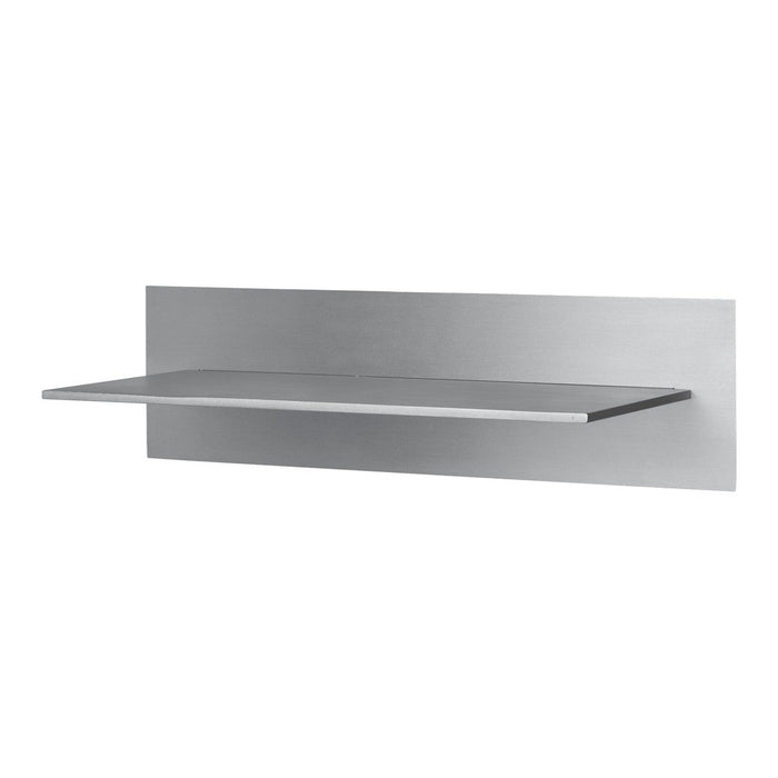 Sleek silver wall shelf with a minimalist design and smooth metal finish, perfect for modern decor.