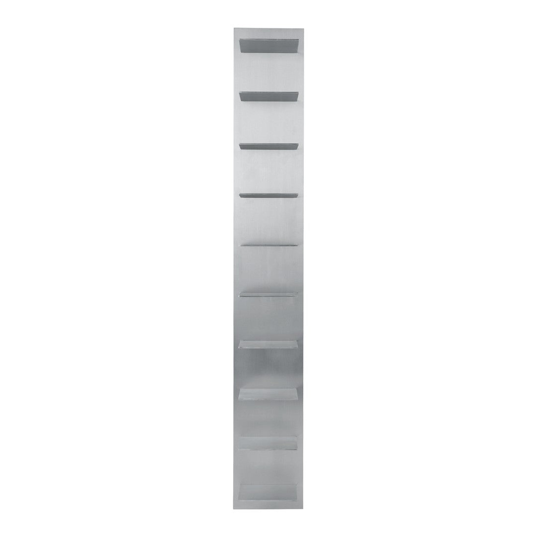 Sleek silver shelving unit with a modern design and clean lines, featuring seven open shelves for display.